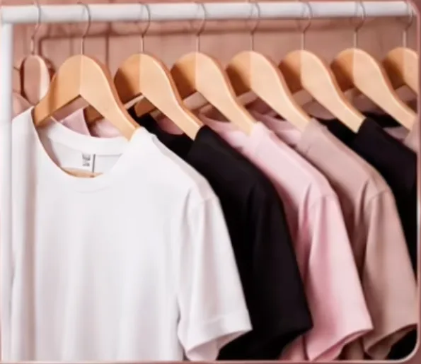 Camisetas básicas blancas, negras y rosadas en ganchos de madera